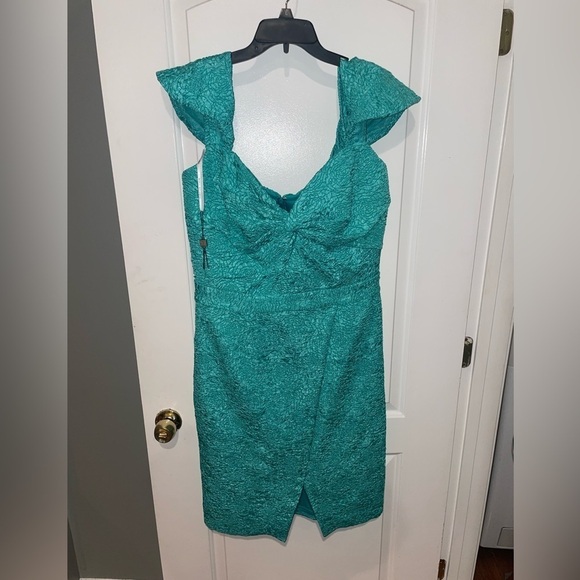 NEW! Tadashi Shoji Audrie Off Shoulder Jacquard Dress 👗 Jasmine Green sz 14 NWT - Picture 10 of 15